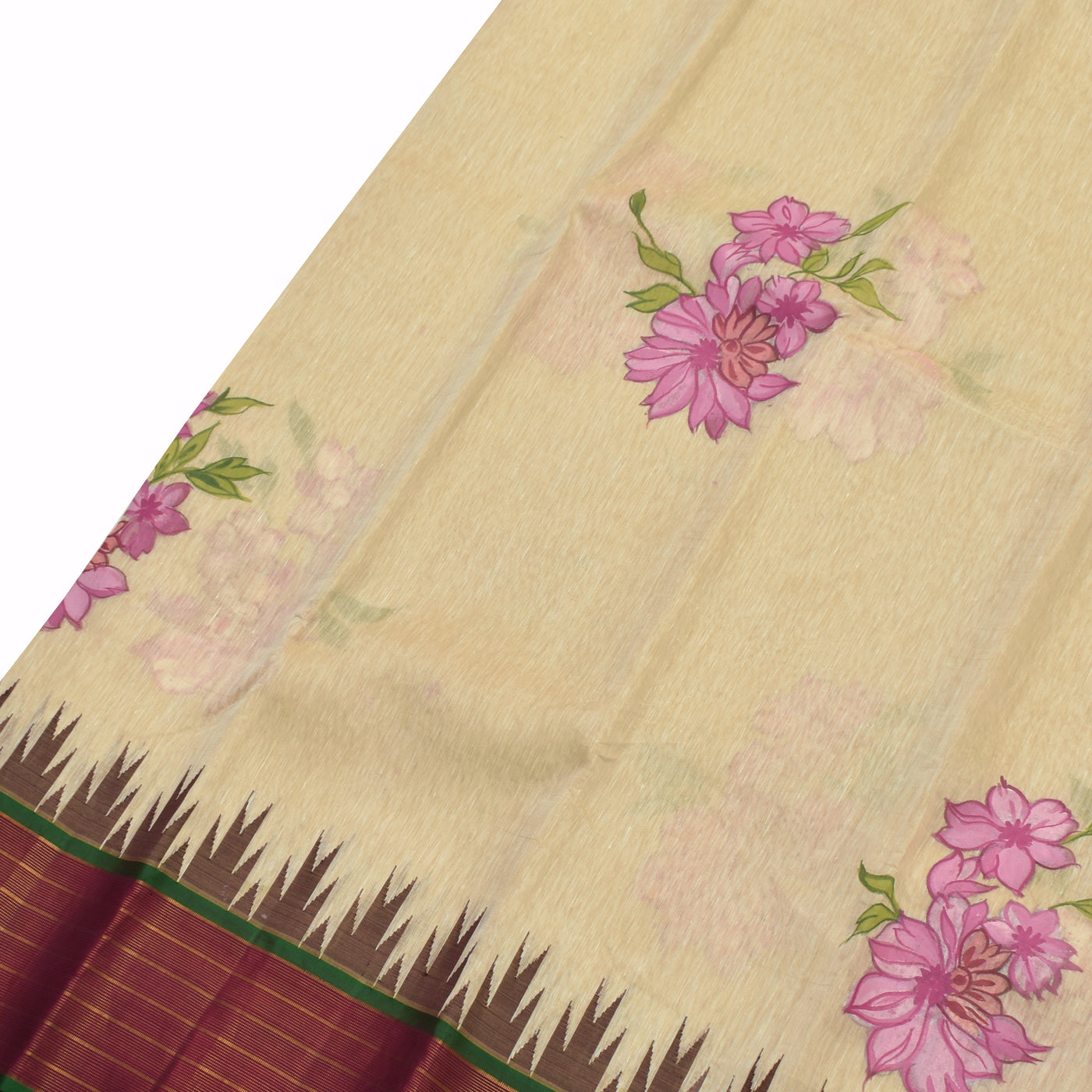 Off White Linen Hand Painted Kanchi Silk Saree with Flower Design