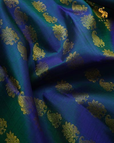 Peacock Blue Kanchi Silk Fabric with Zari Butta Design