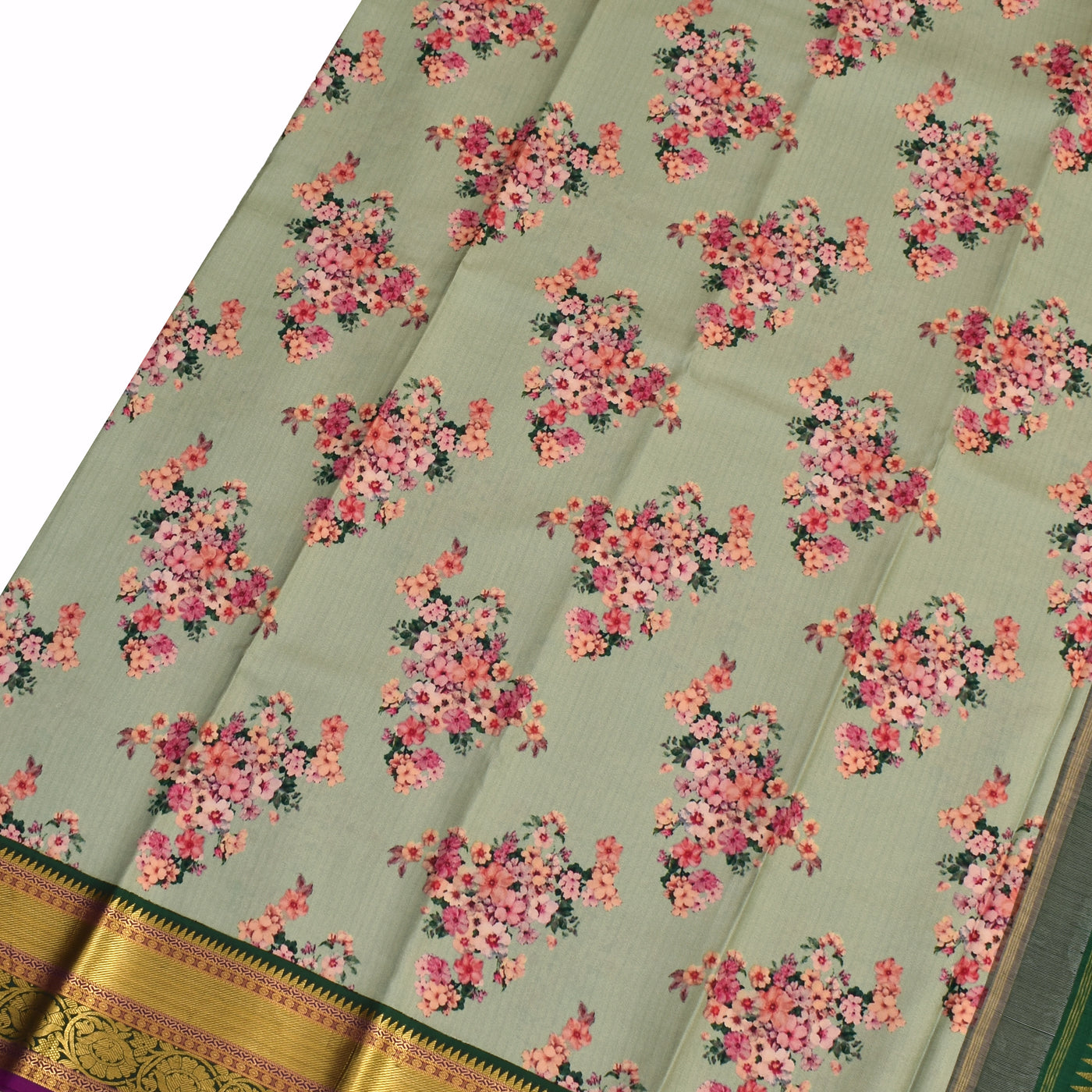 Apple Green Printed Kanchi Silk Saree with Floral Design