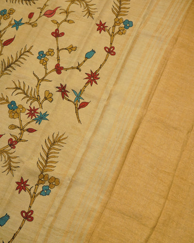 Off White Pen Kalamkari Kanchi Silk Saree