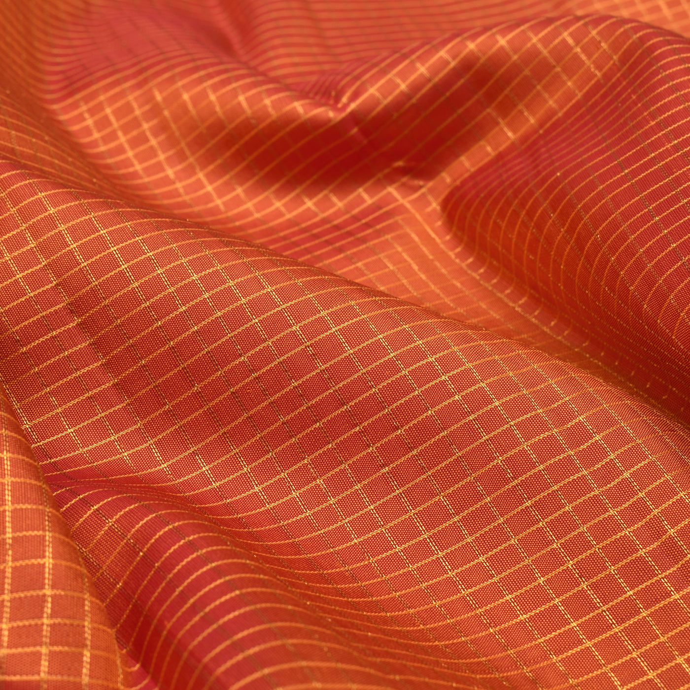 Rust Kanchi Silk Fabric with Small Zari Checks Design