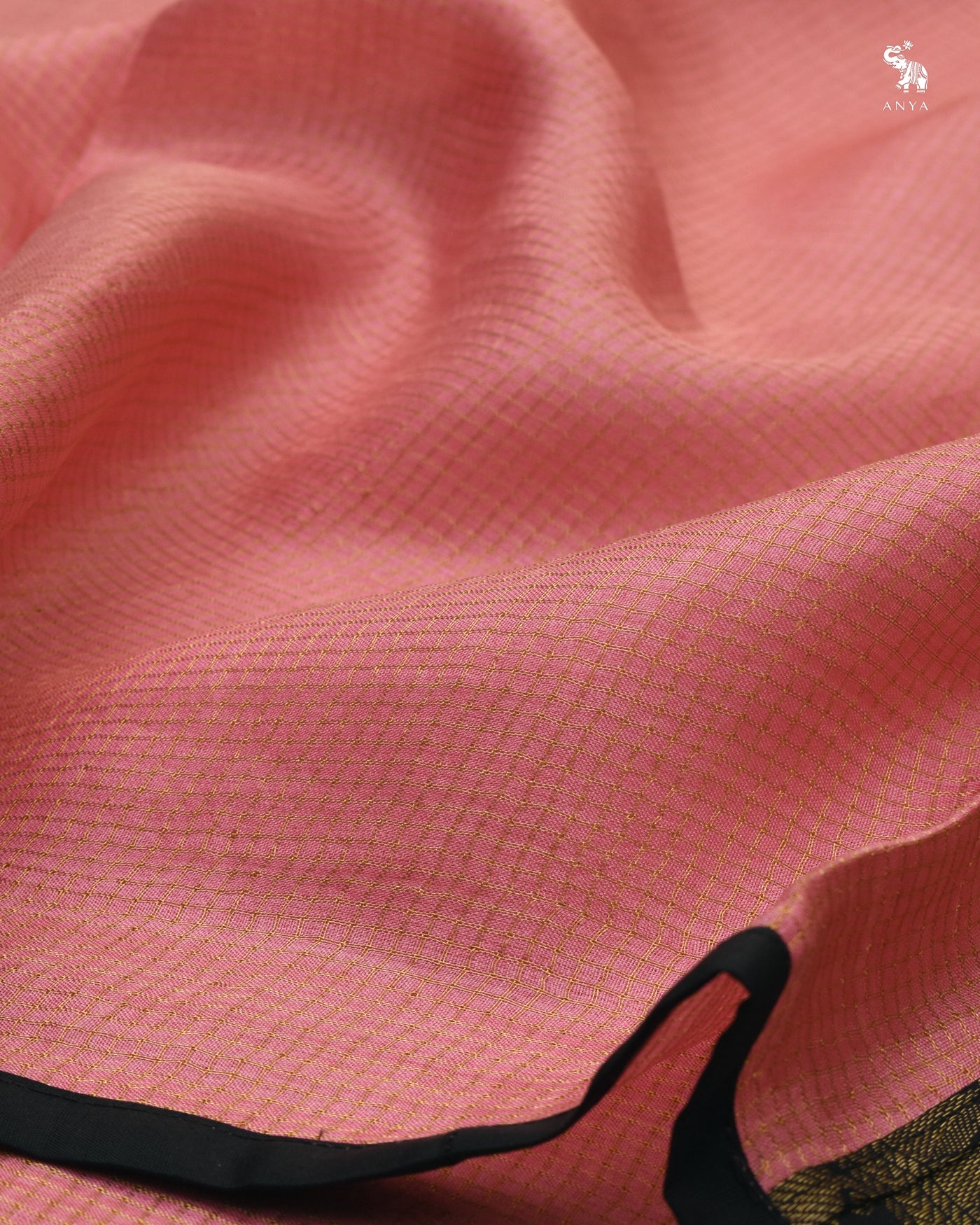 Pink Zari Checks Tussar Silk Saree with Black Kanchi Silk Pallu and Blouse