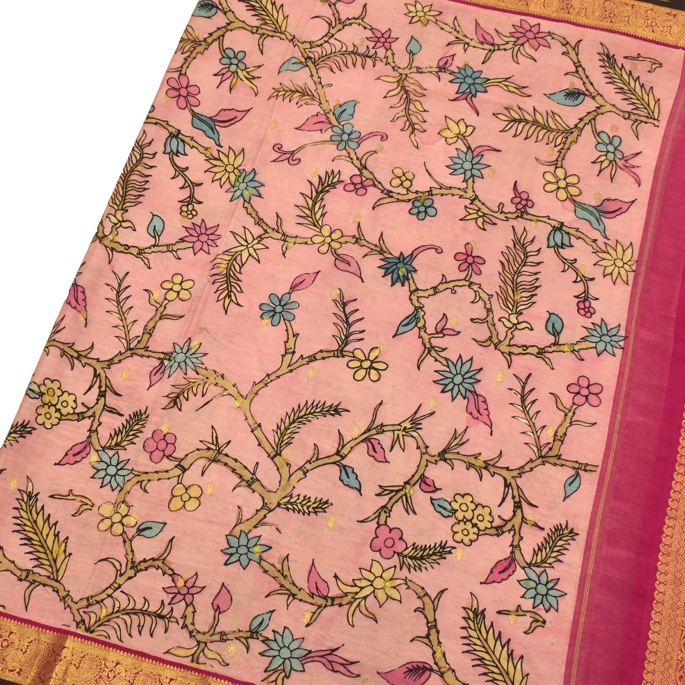 Onion Pink Pen Kalamkari Silk Saree with Floral Creeper Design