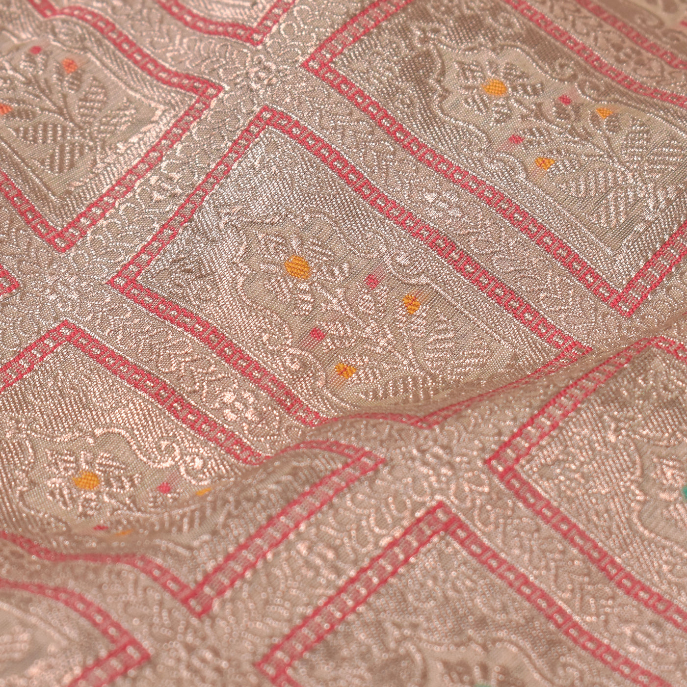 Off White and Multicolor Banarasi Silk Fabric with Square Zari Butta Design