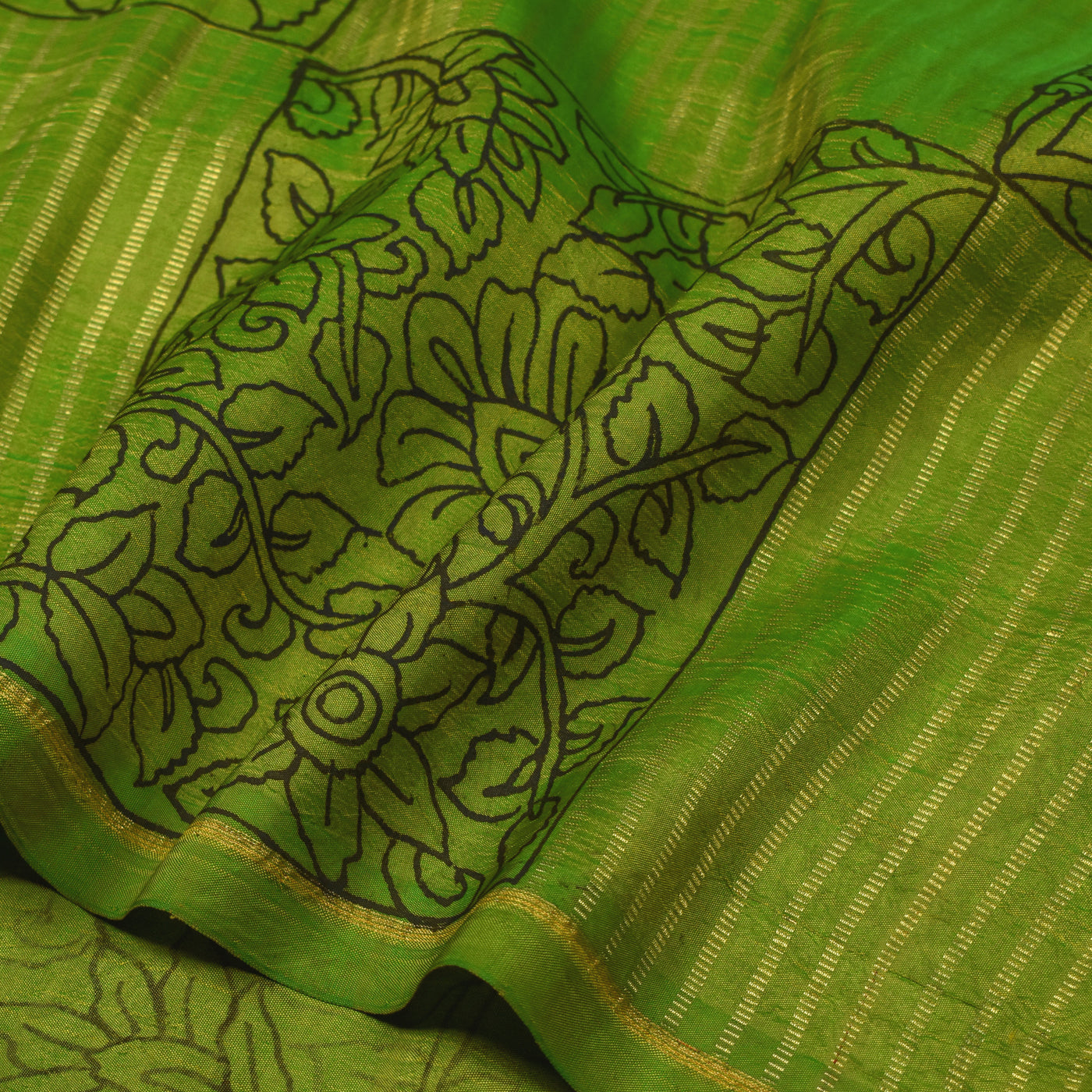 Samangha Green Pen Kalamkari Kanchi Silk Saree with Box Pattern Kalamkari Design