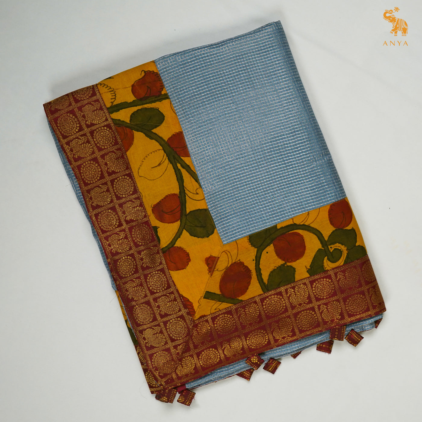 Blue Zari Checks Tussar Silk Saree with Mustard Pen Kalamkari Kanchi Border