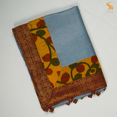 Blue Zari Checks Tussar Silk Saree with Mustard Pen Kalamkari Kanchi Border