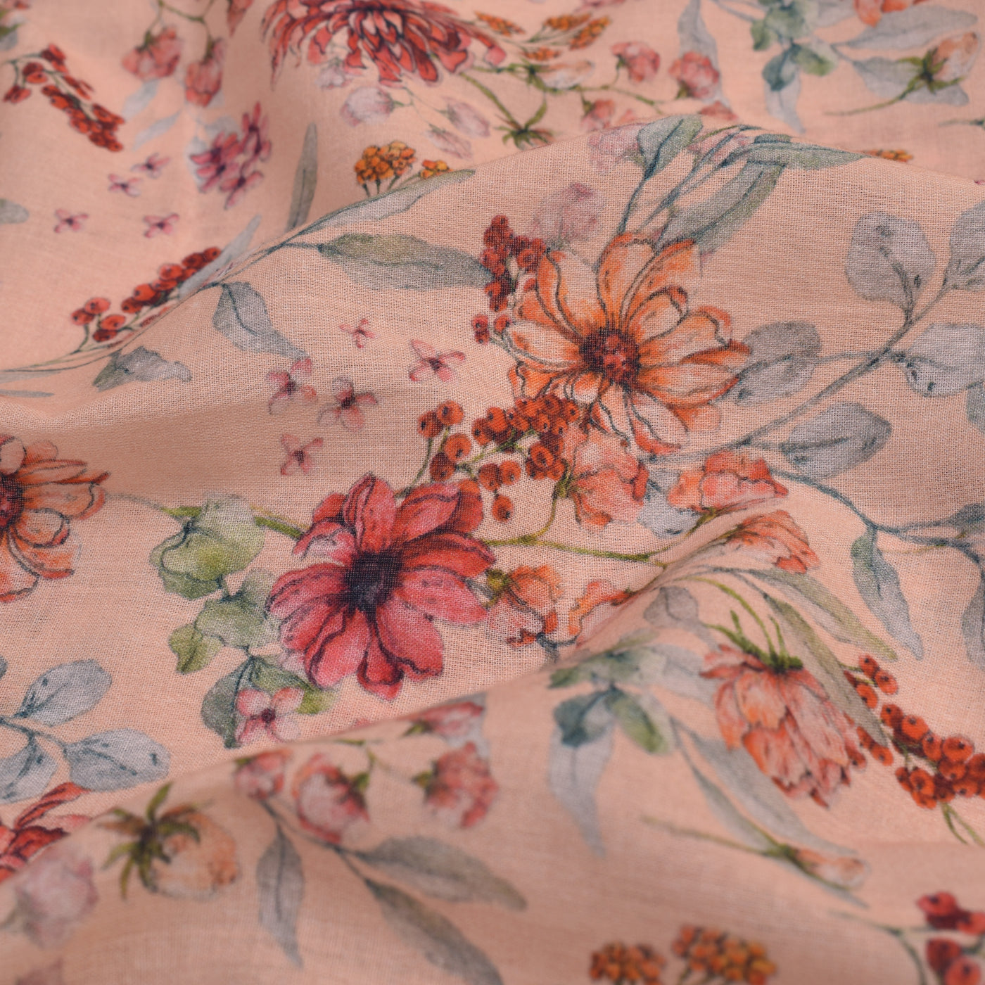Light Peach Maheshwari Silk Fabric with Floral Design