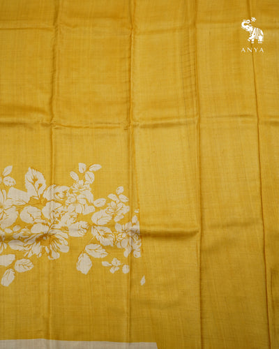 Mustard Tussar Silk Saree with Floral Printed Design