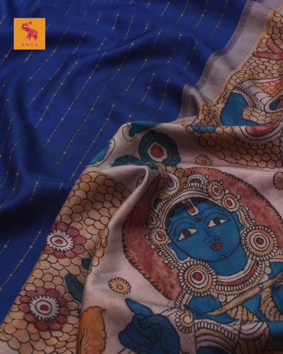 Ms Blue Pen Kalamkari Silk Saree with Dots and Stripes Design