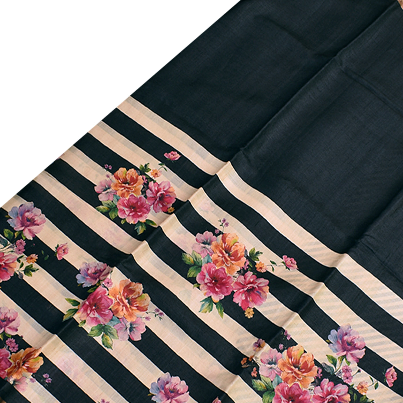 Off White and Black Tussar Silk Saree with Floral Printed Design