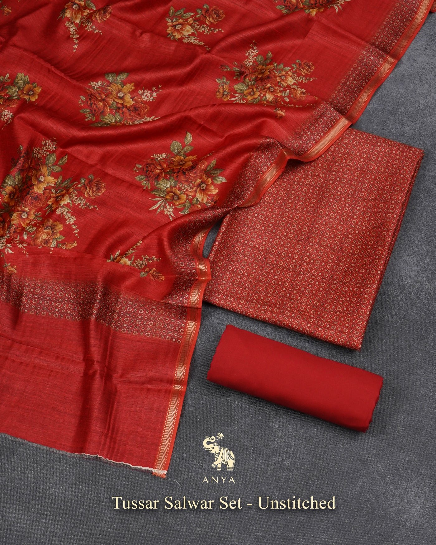 Red Tussar Silk Salwar with Red Floral Printed Dupatta