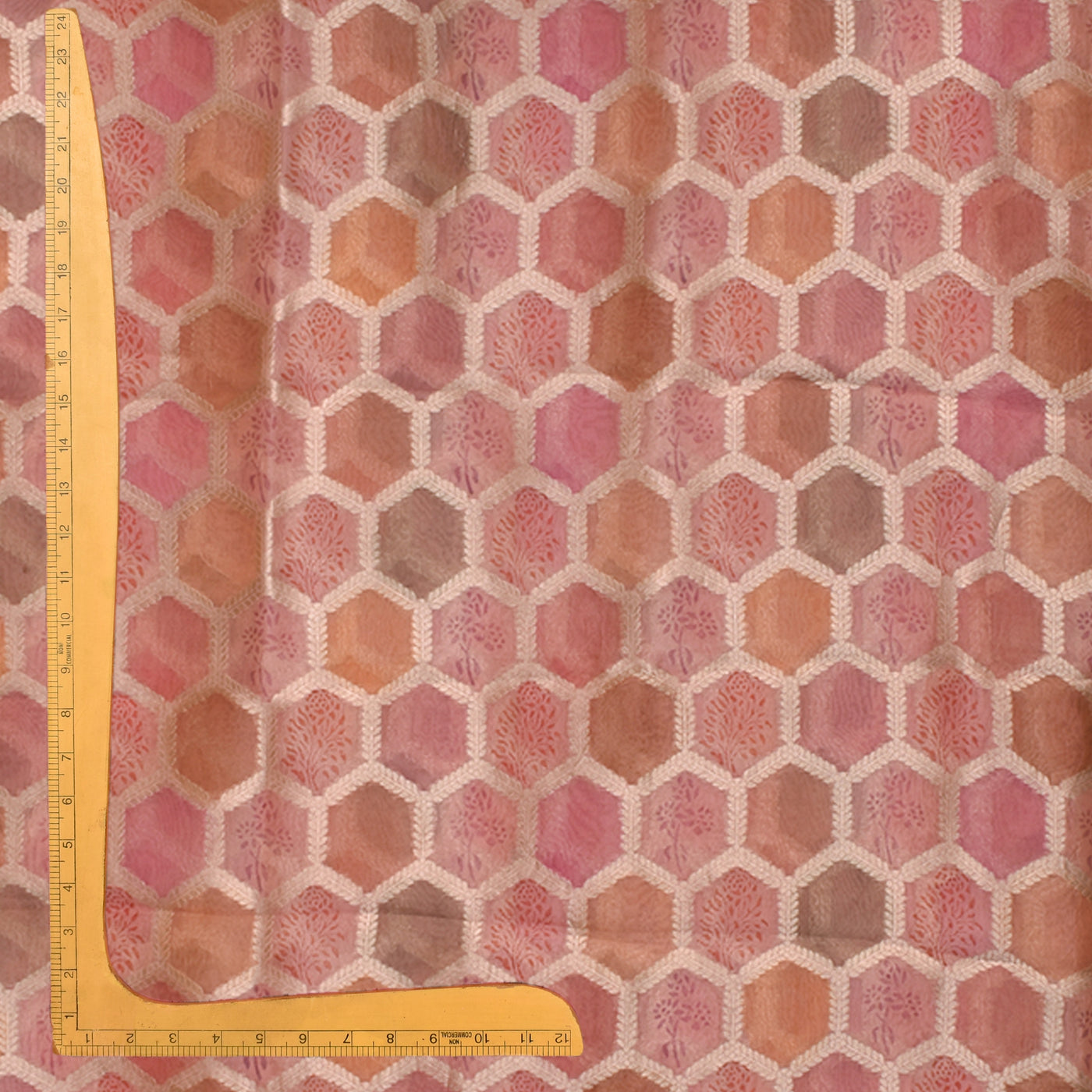 Baby Pink Organza Fabric with Diamond Leaf Design