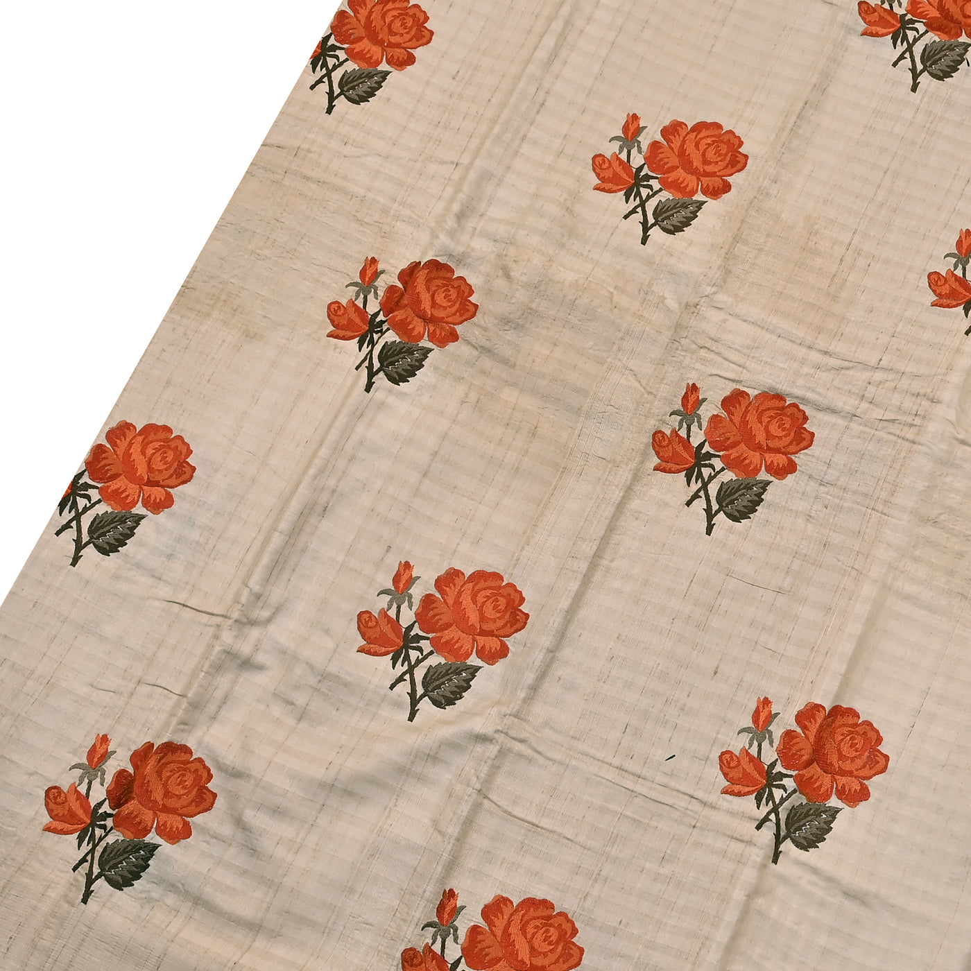 Off White Tussar Silk Saree with Flower Embroidery Work Design