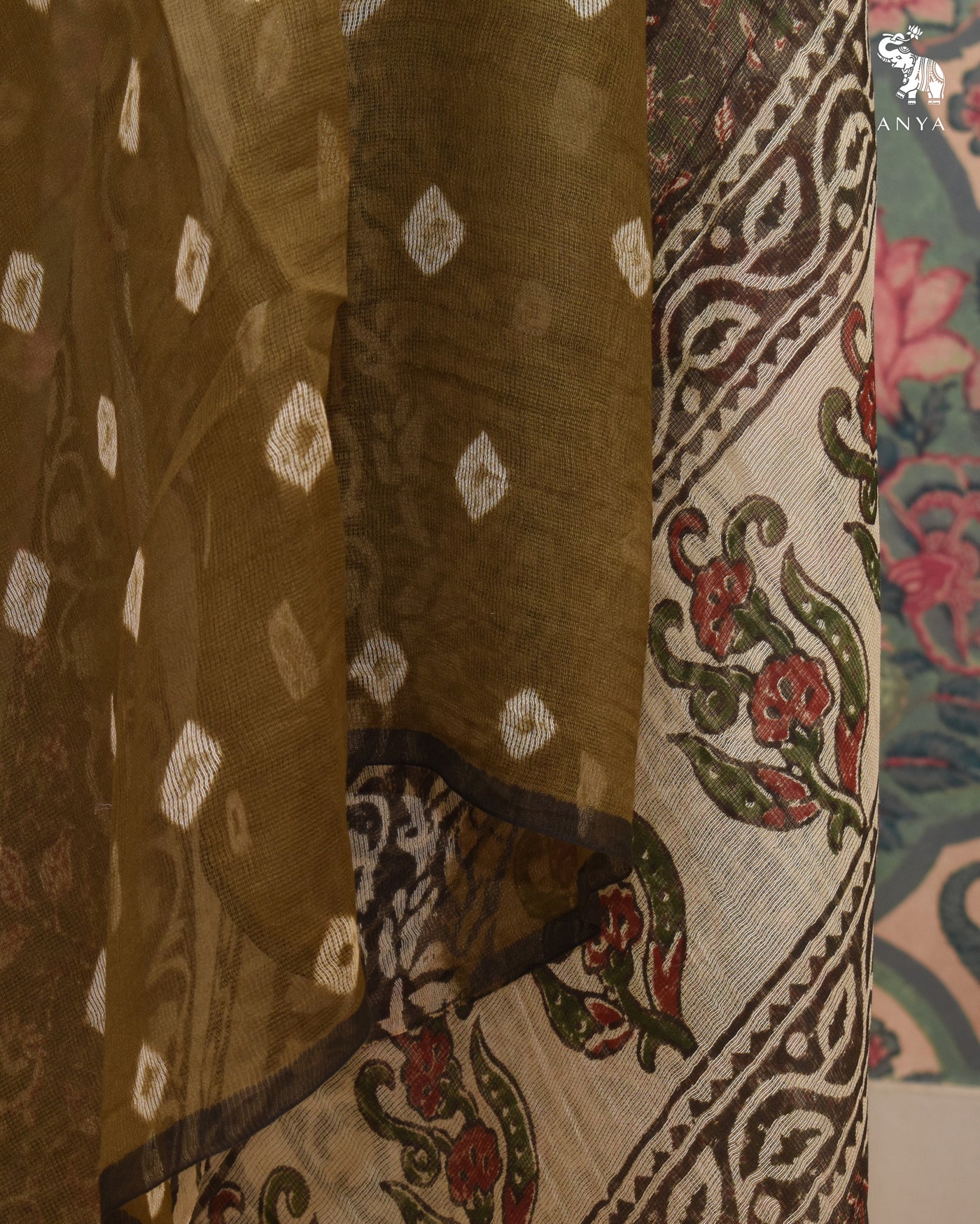 Olive Green Cotton Kota Saree with Bhandhini Print Design