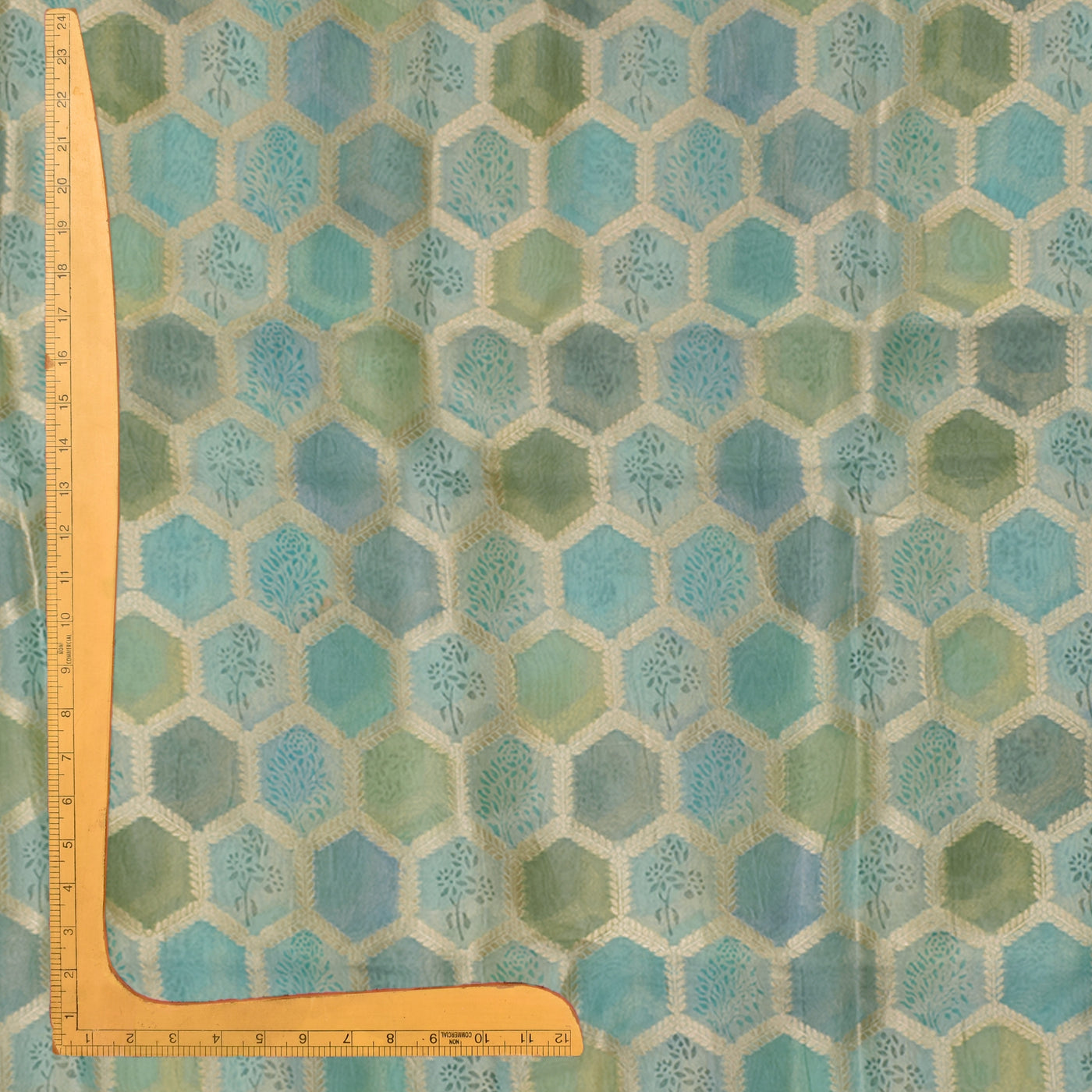 Blue Organza Fabric with Diamond Leaf Design