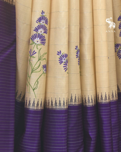 Off White Hand Painted Kanchi Silk Saree with Floral Painted and Zari Kattam Design