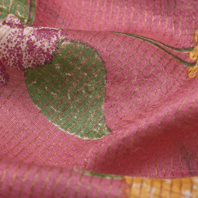 Onion Pink Tussar Silk Fabric with Floral Print Zari Checks Design