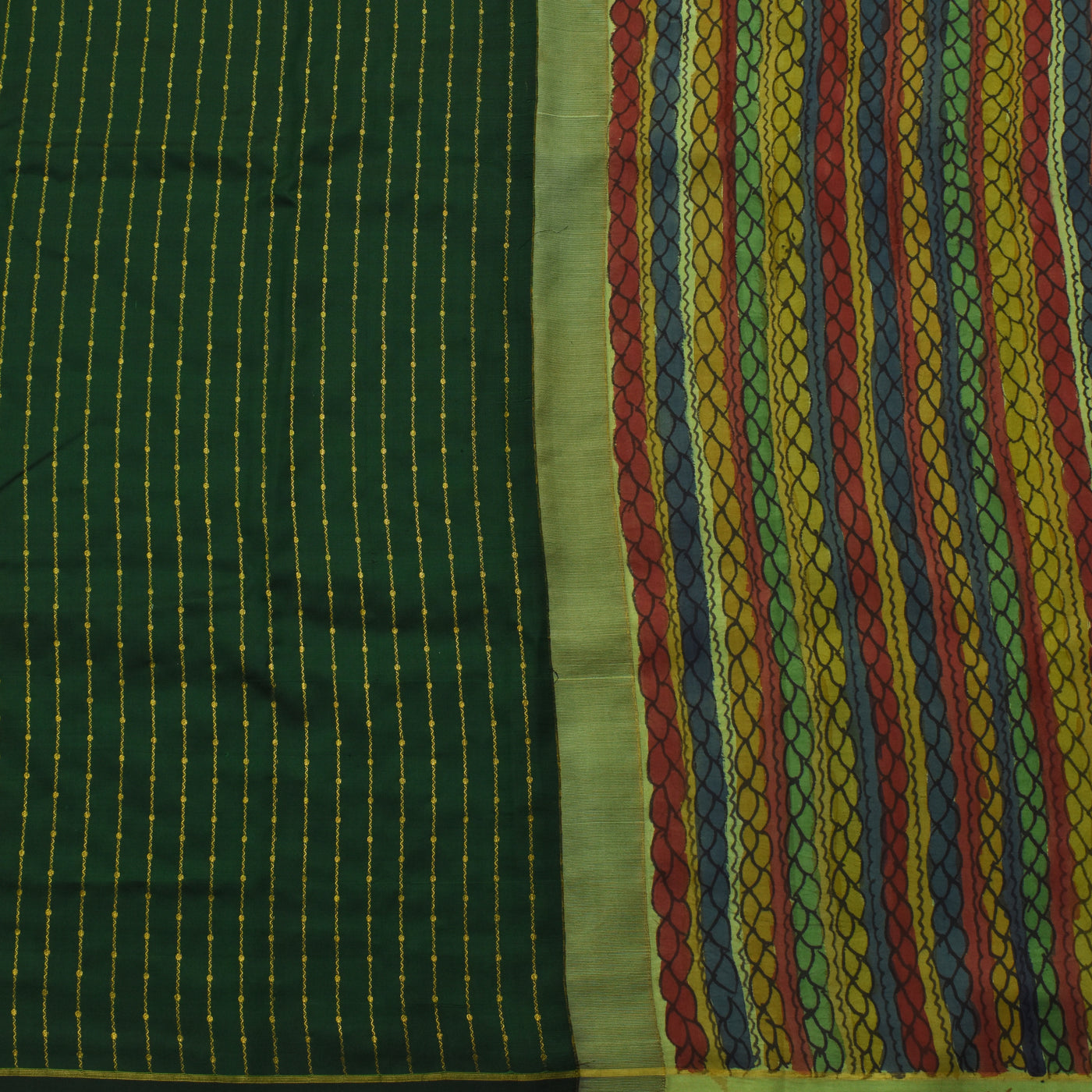 Bottle Green Pen Kalamkari Kanchi Silk Saree