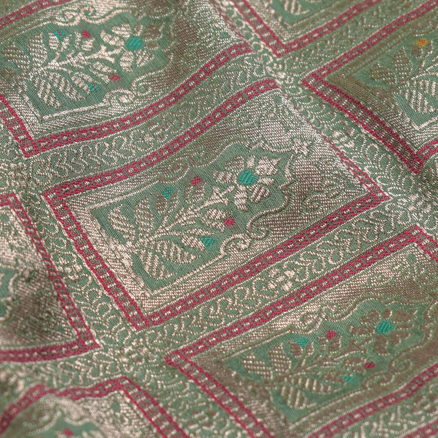 Apple Green Banarasi Silk Fabric with Square Zari Butta Design