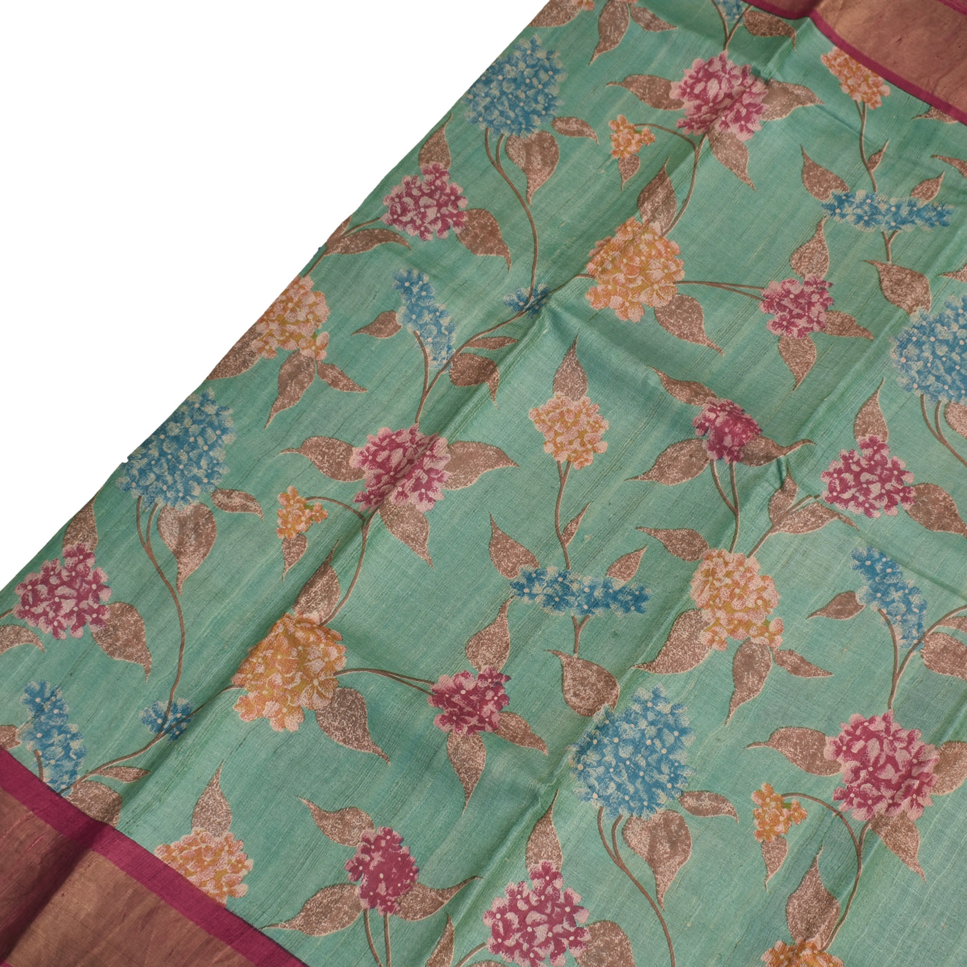 Elaichi Green Tussar Silk Saree with Floral Printed Design