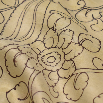 Off White Pen Kalamkari Kanchi Silk Fabric