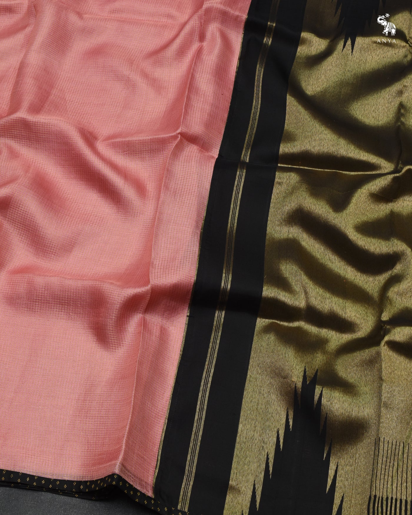 Pink Zari Checks Tussar Silk Saree with Black Kanchi Silk Pallu and Blouse