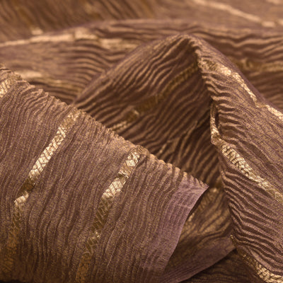 Brown Organza Crush Tissue Fabric with Golden Stripes Design