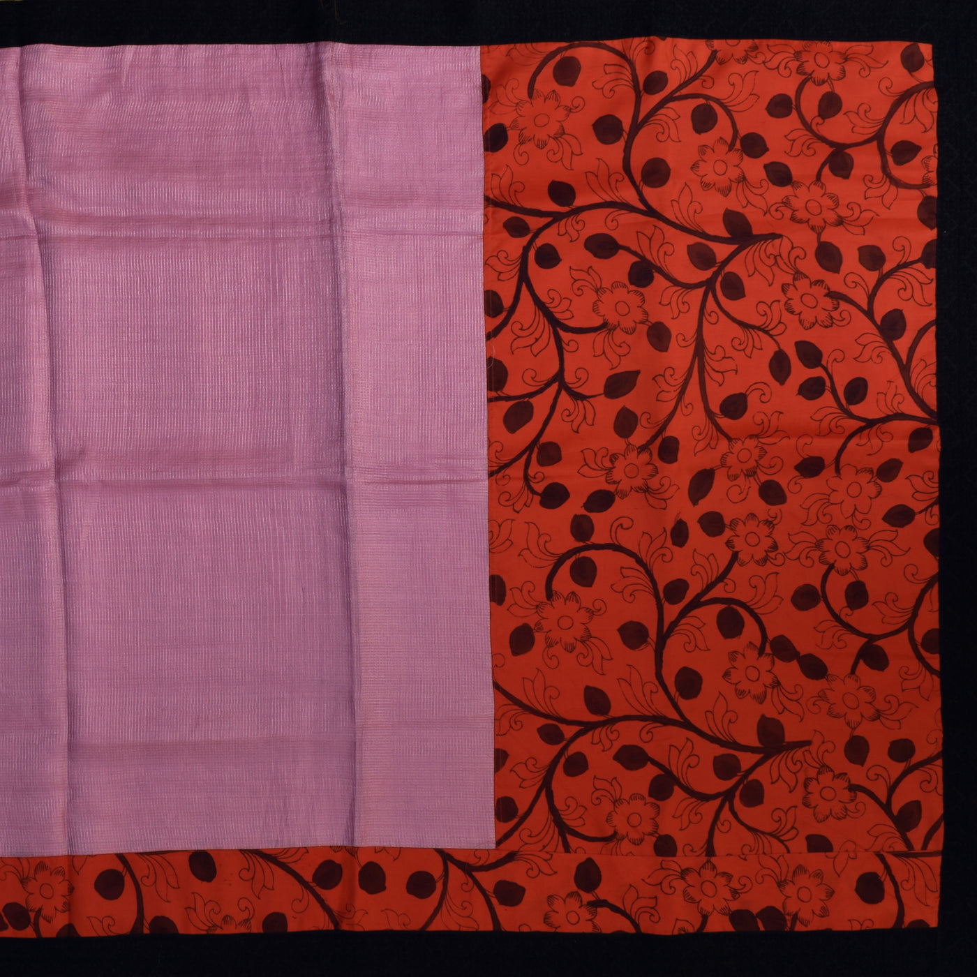 Lotus Pink Zari Checks Tussar Silk Saree with Orange Kalamkari Border