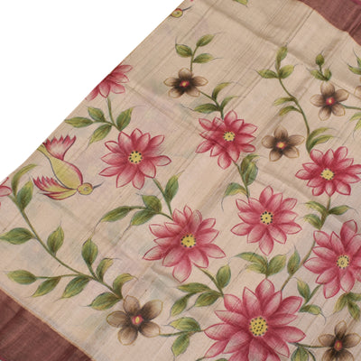 Off White Tussar Silk Saree with Kalamkari Print Design