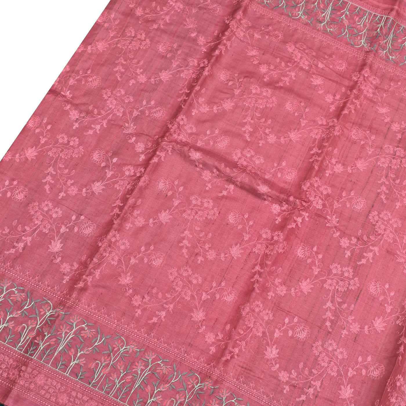 Pink Tussar Silk Saree with Flower Embroidery Design