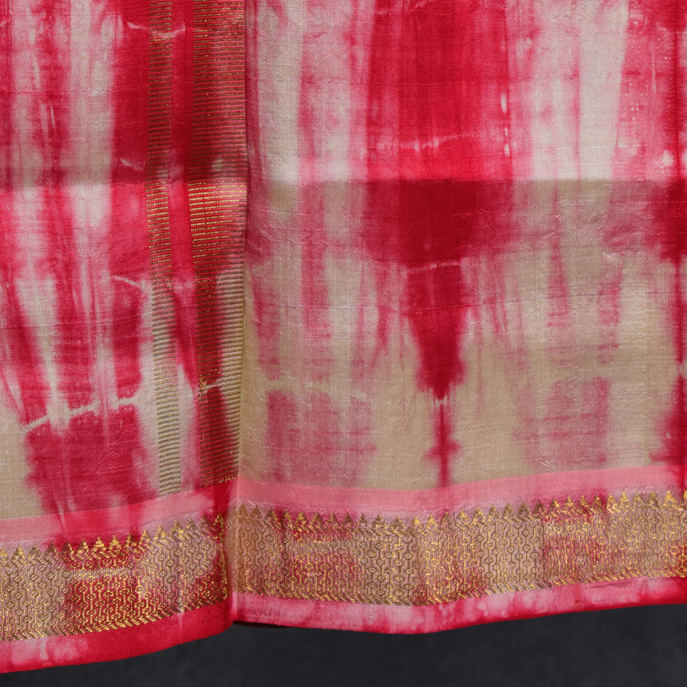 Off White with Pinkish Red Shibori Kanchi Silk Dhoti