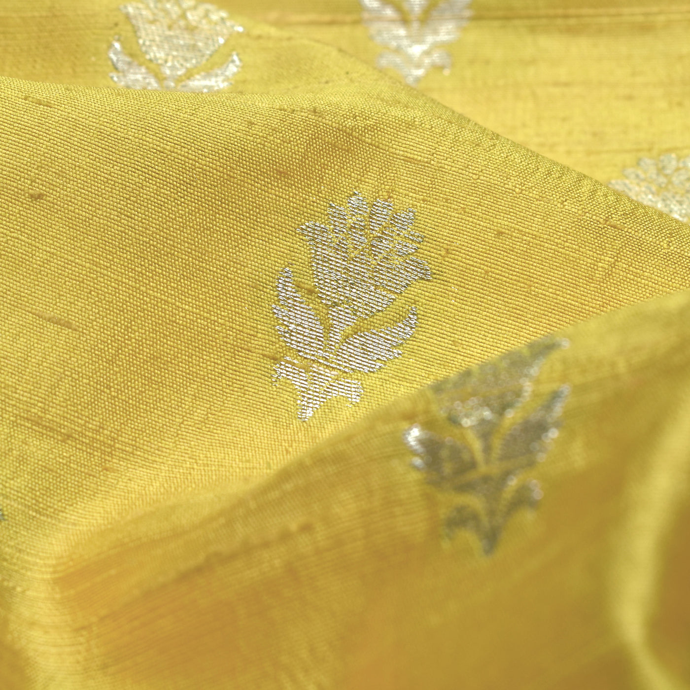 Lemon Yellow Tussar Raw Silk Fabric with Flower Banarasi Butta Design