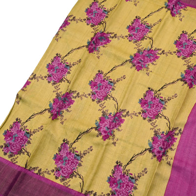 Light Yellow Tussar Silk Saree with Floral Printed Design