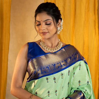 Pista Green Madhubani Kanchi Silk Saree
