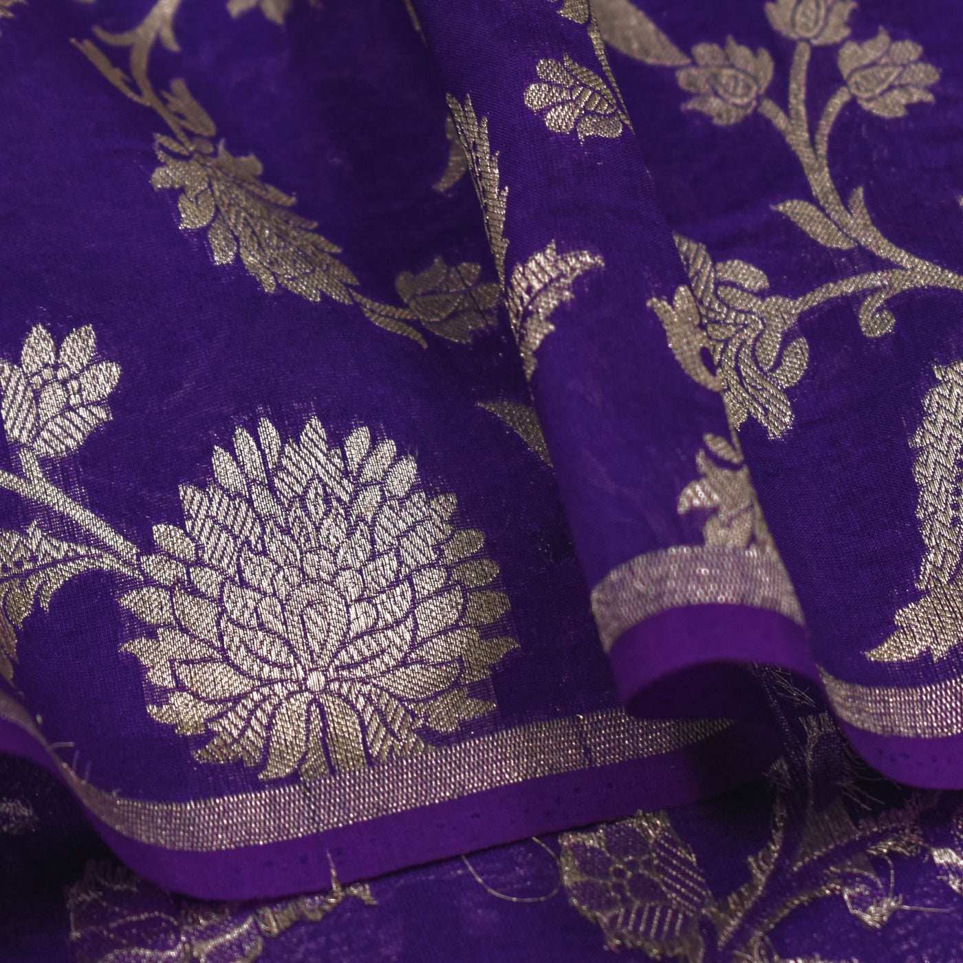 Violet Banarasi Organza Fabric with Floral Creeper Design