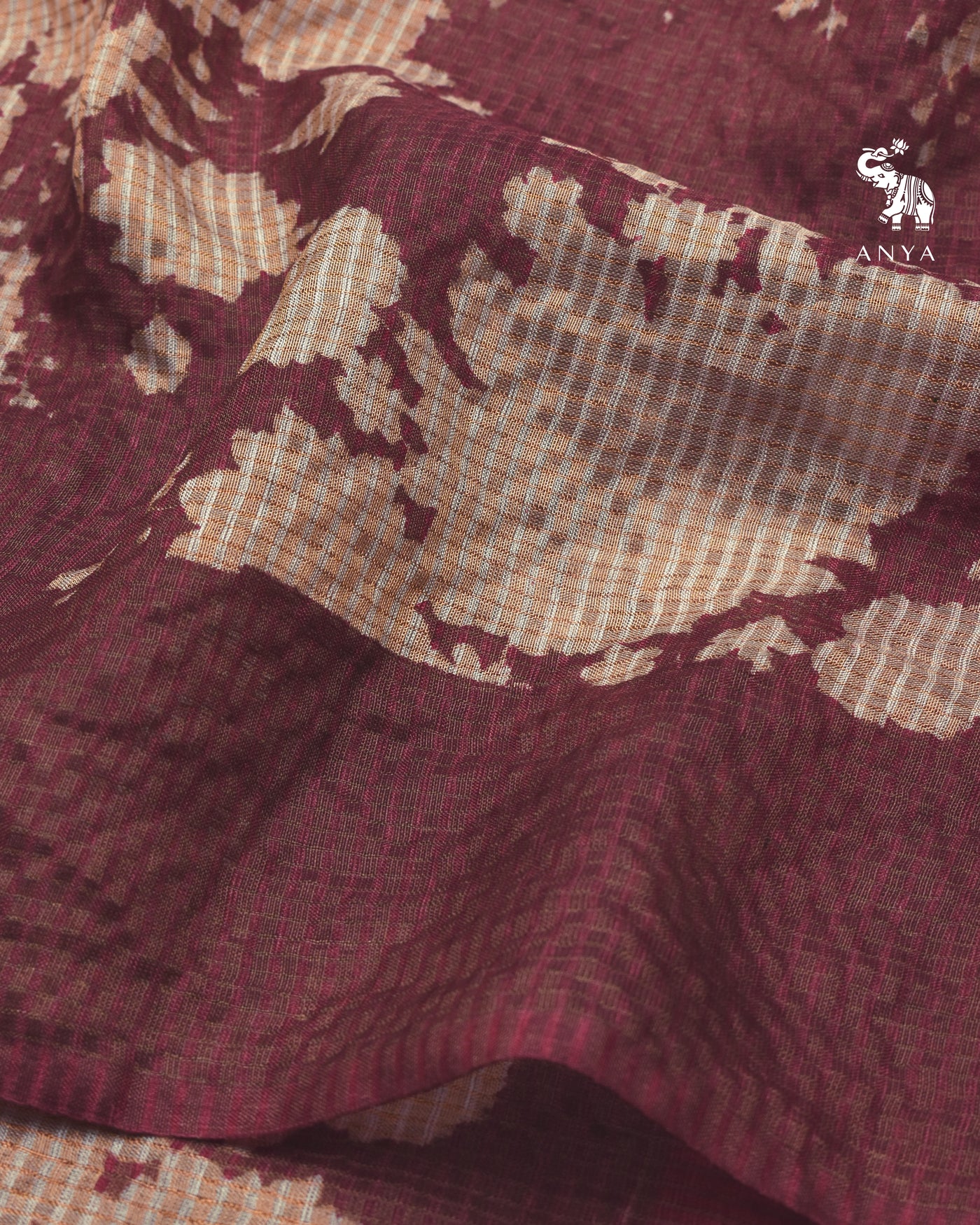 Rust Tussar Silk Saree with Checks and Floral Print Design