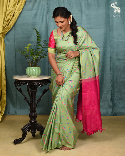 Apple Green Printed Kanchi Silk Saree with Floral Print Design