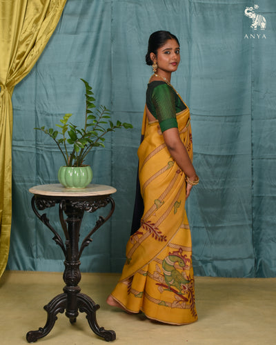 Light Yellow Pen Kalamkari Kanchi Silk Saree