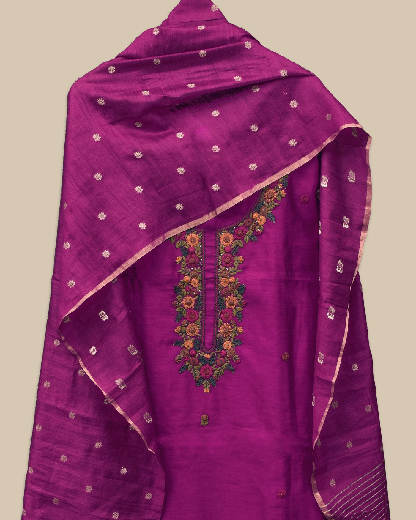 Magenta Tussar Silk Salwar with Embroidery Design