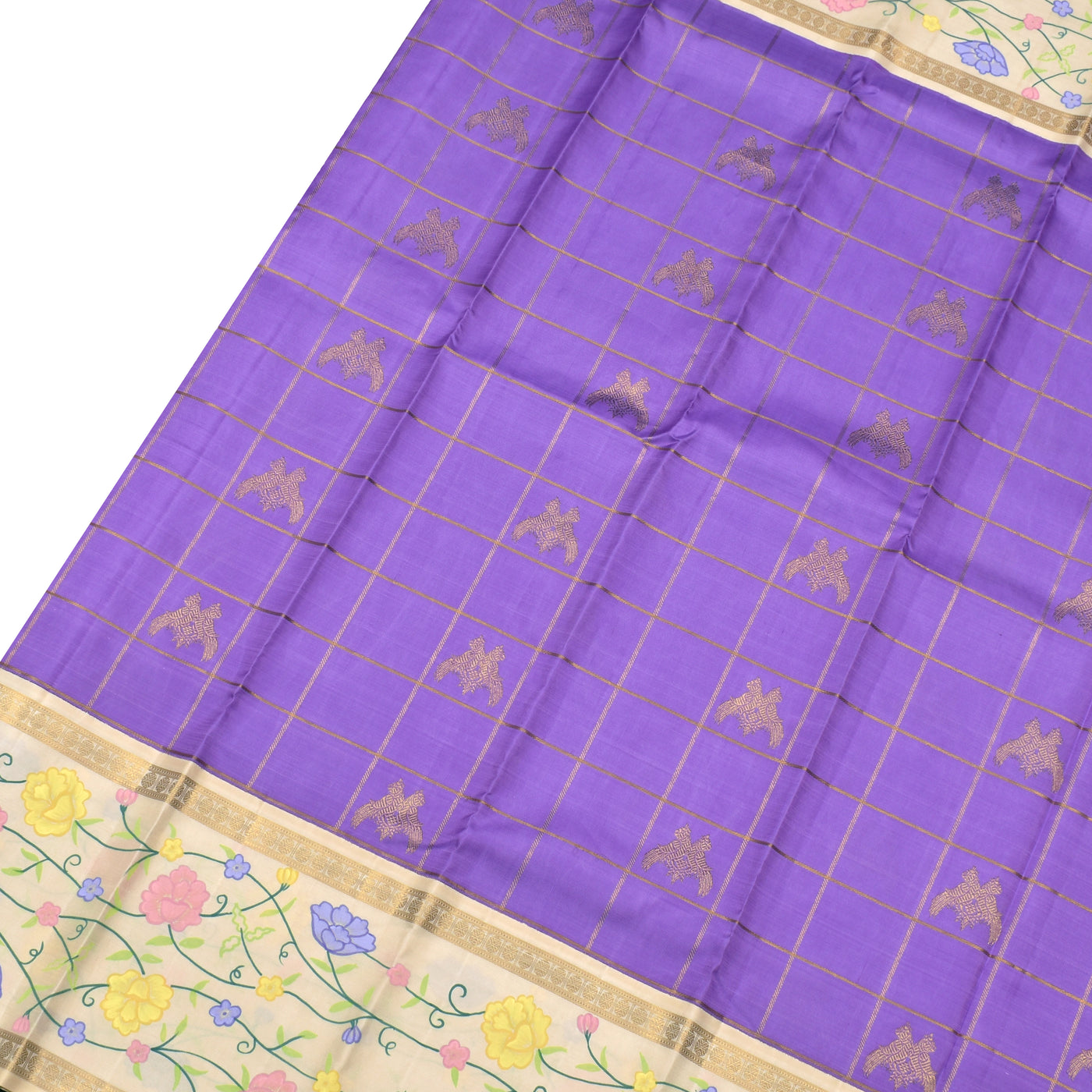Lavender Hand Painted Kanchi Silk Saree with Iruthalai Patchi Design