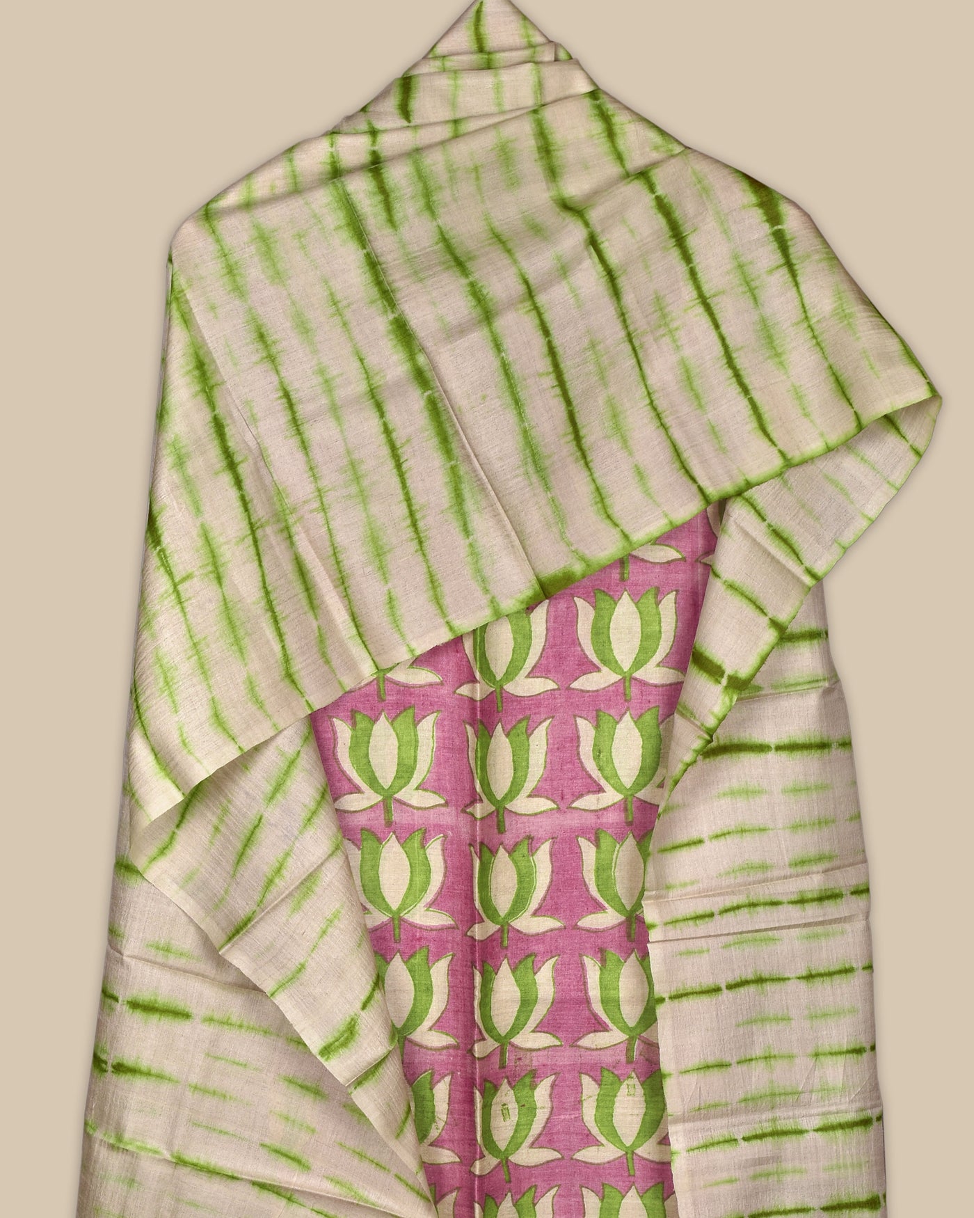 Pink Tussar Silk Salwar with Green and Off White Shibori Print Dupatta