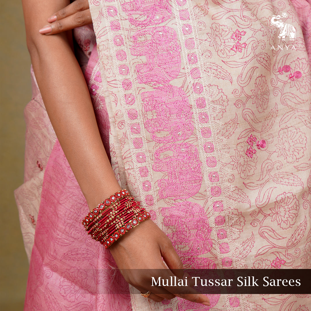 Lotus Pink Tussar Silk Saree with Floral Embroidery Design