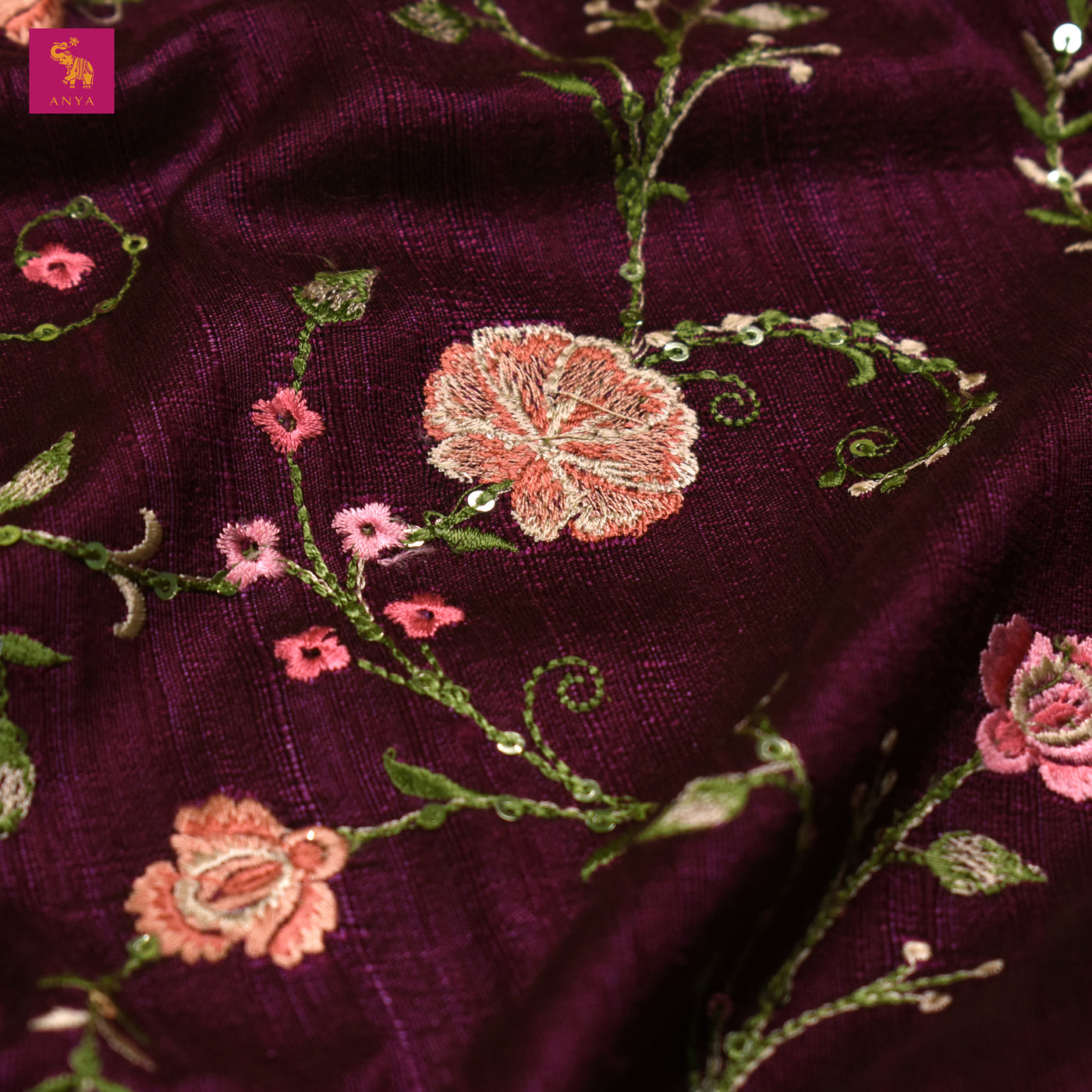 Wine Tussar Raw Silk Fabric with Floral Embroidery Design