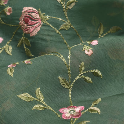 Green Organza Fabric with Floral Embroidery Design