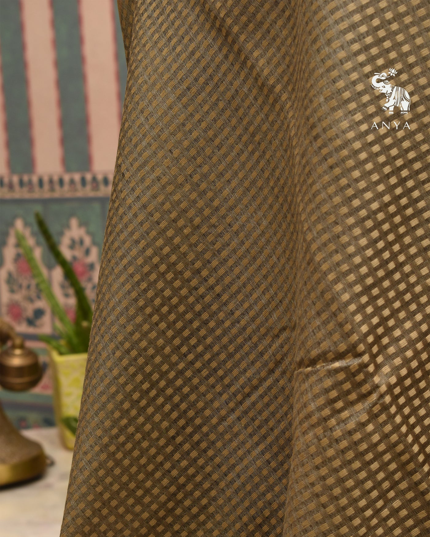Olive Green Tussar Silk Saree with Thread Checks Design