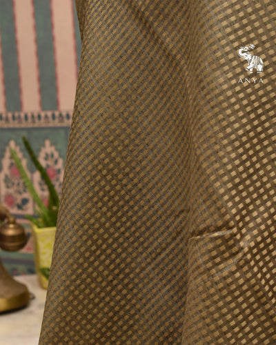 Olive Green Tussar Silk Saree with Thread Checks Design