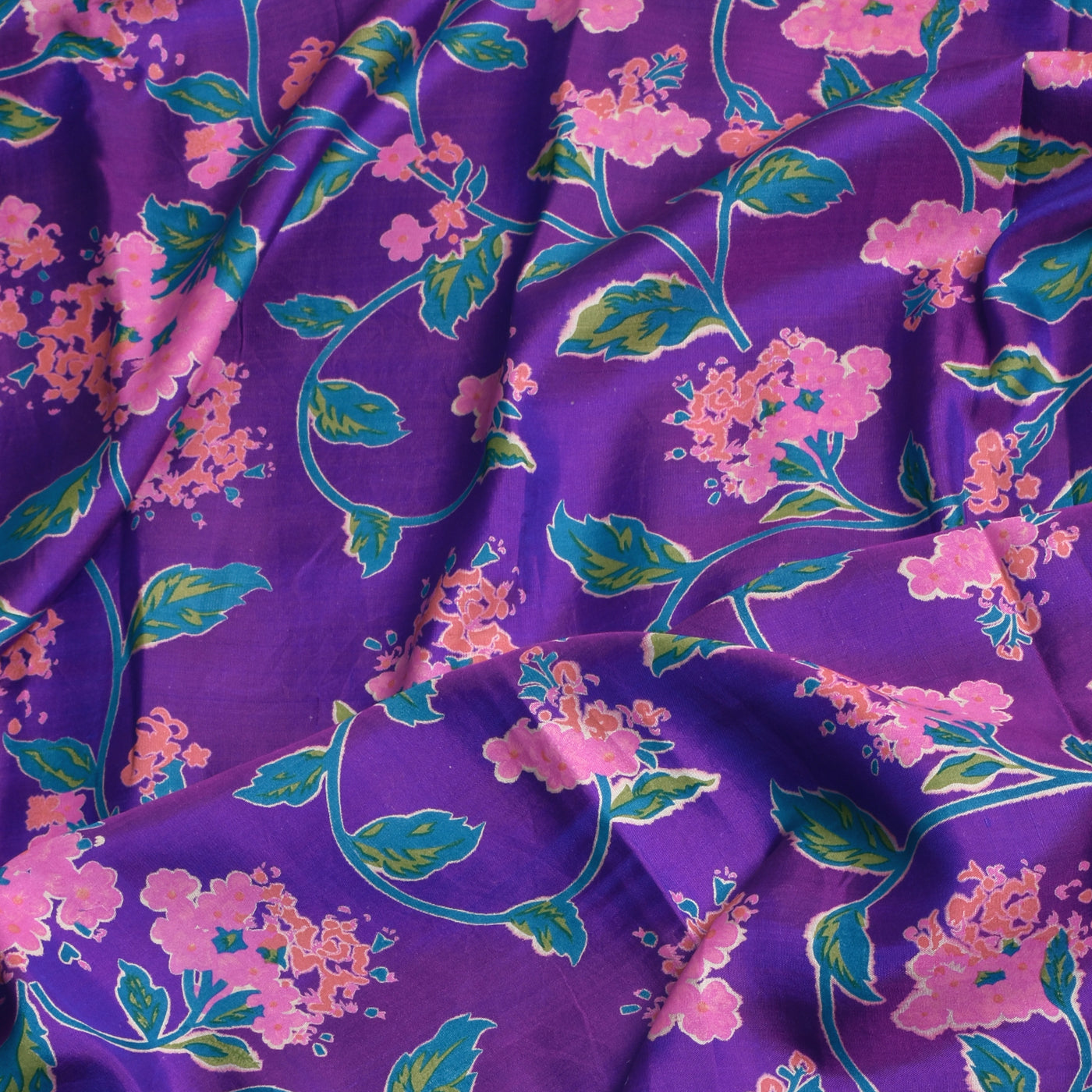 Magenta Blue Kanchi Discharge Printed Silk Fabric with Floral Design