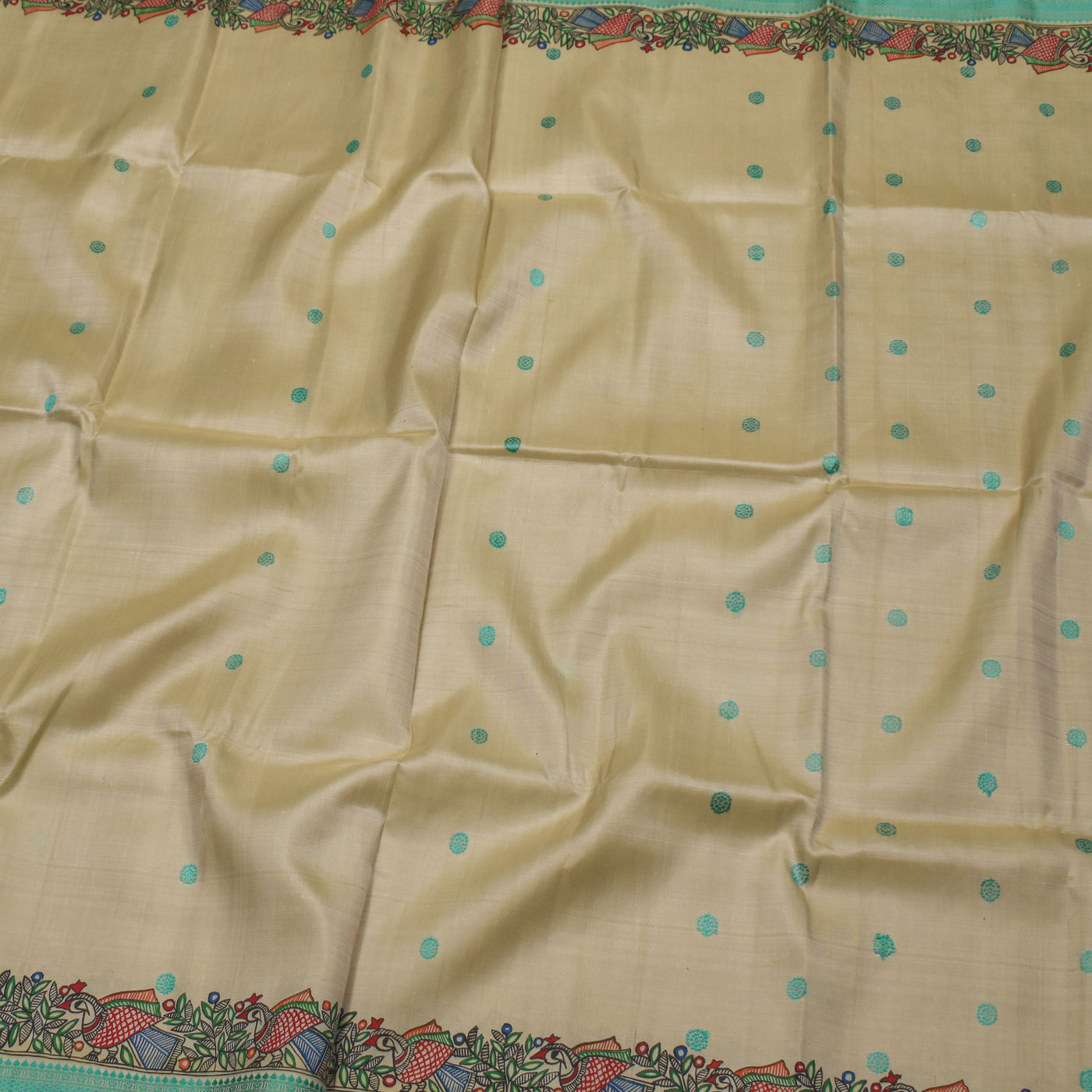 Off White Madhubani Kanchi Silk Saree with Small Round Butta Design