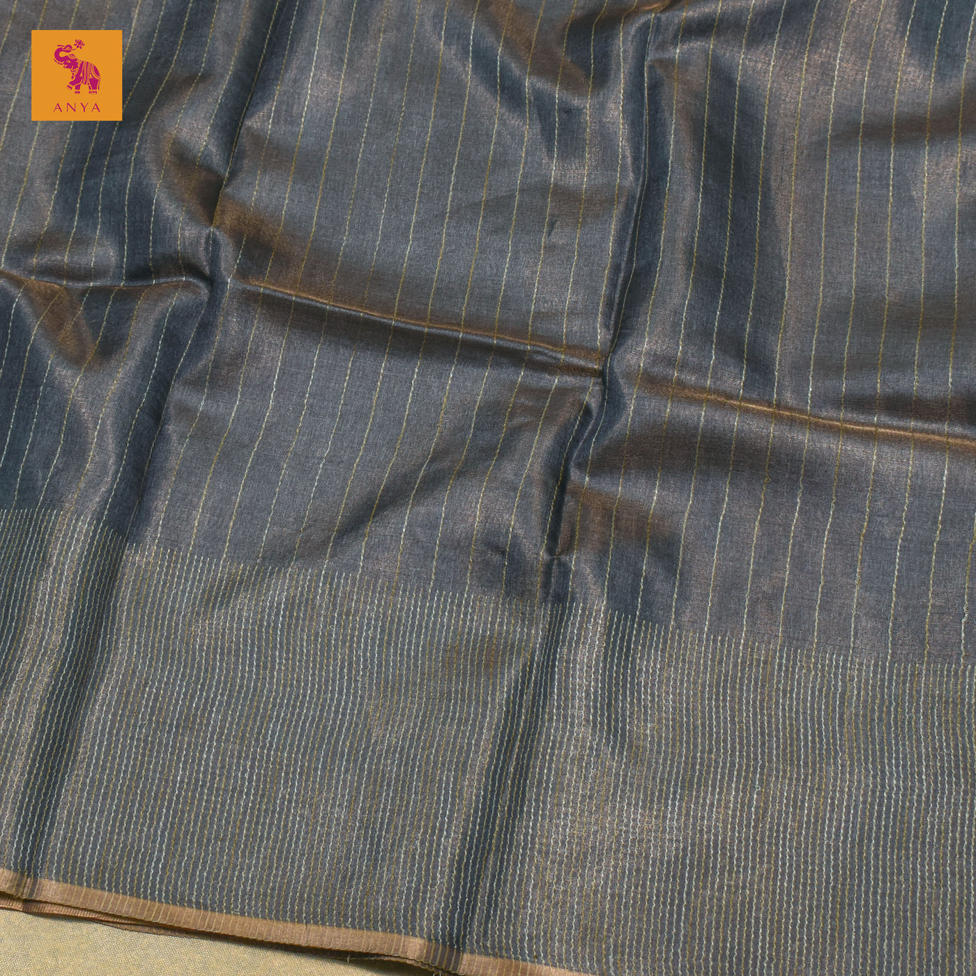 Grey Tussar Silk Saree with Horizontal Stripes Design